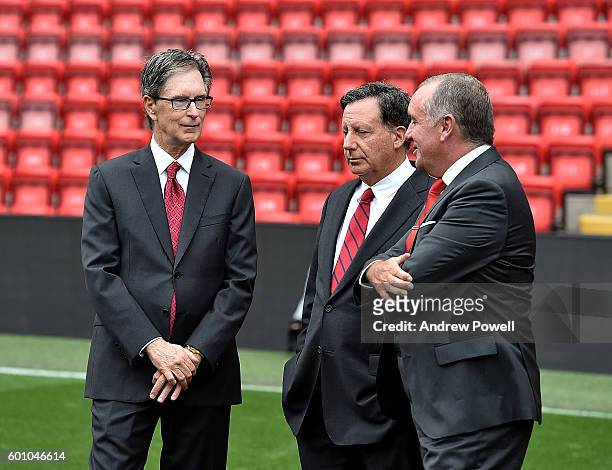 Ian Ayre, Chief Executive, John W. Henry Principal Owner, Tom Werner Chairman of Liverpool at the opening event at Anfield on September 9, 2016 in...