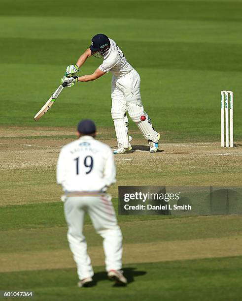 Scott Borthwick of Durham is trapped LBW during Day Four of the Specsavers County Championship Division One match between Yorkshire and Durham at...
