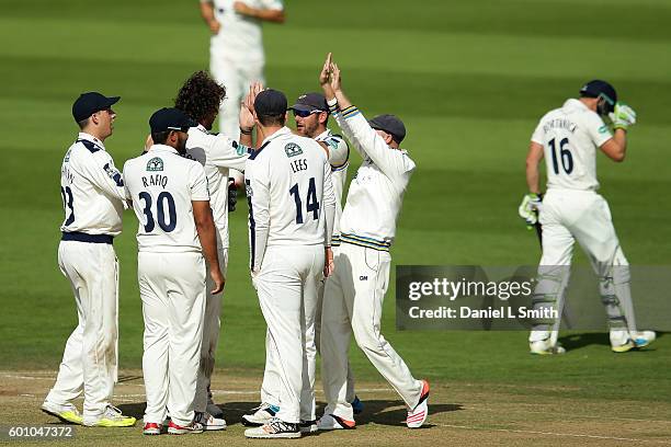 Yorkshire celebrate as Scott Borthwick of Durham heads to the pavillion after being dismissed for 9 runs during Day Four of the Specsavers County...