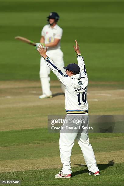 Gary Ballance of Yorkshire celebrates Scott Borthwick of Durhams LBW during Day Four of the Specsavers County Championship Division One match between...