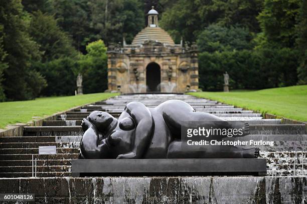 Donna Sdraiata, by artist Fernando Botero, one of the many moumental sculptures on dispay at Chatsworth stately home as part of the Sotheby's Beyond...