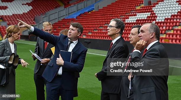 Ian Ayre, Chief Executive, John W. Henry Principal Owner, Tom Werner, Chairman all of Liverpool at the opening event at Anfield on September 9, 2016...