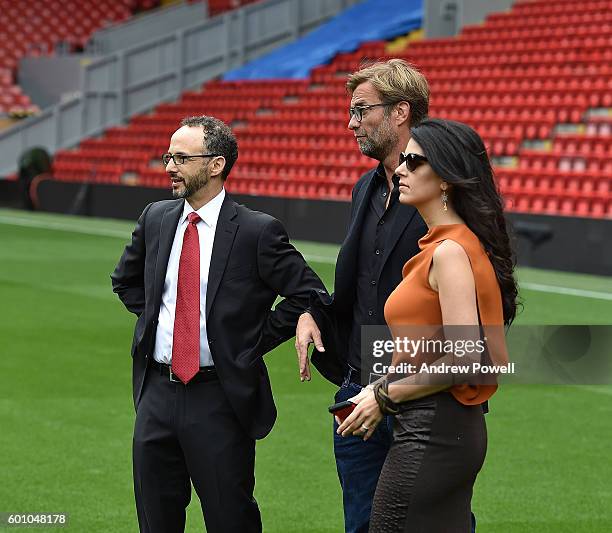 Linda Pizzuti Henry, Jurgen Klopp manager, Chairman and Mike Gordon, President all of Liverpool at the opening event at Anfield on September 9, 2016...