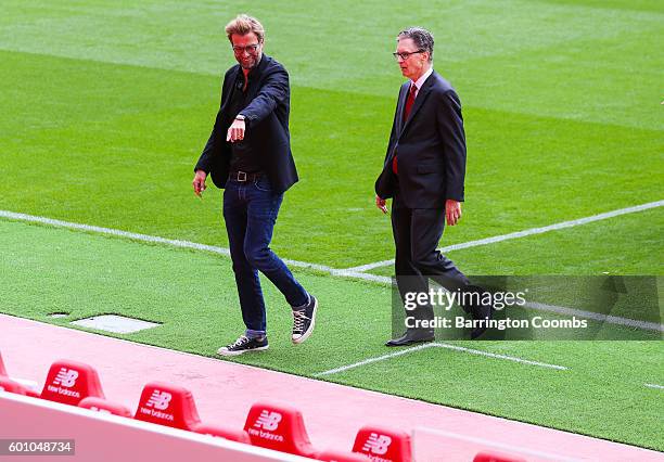 Liverpool's manager Jurgen Klopp and club owner John W Henry during the opening of the new stand and facilities at Anfield on September 9, 2016 in...