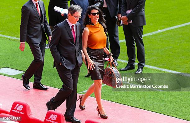 Liverpool club owner John W Henry and his wife Linda Pizzuti during the opening of the new stand and facilities at Anfield on September 9, 2016 in...