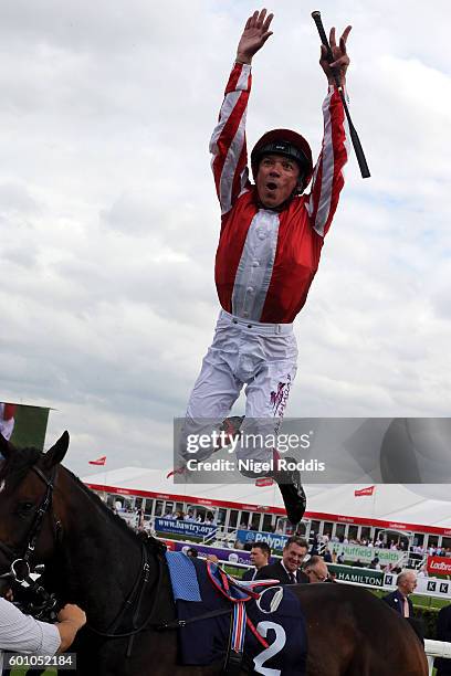 Frankie Dettori celebrates winning The Pepsi Max Flying Childers Stakes riding Ardad at Doncaster Racecourse on September 9, 2016 in Doncaster,...