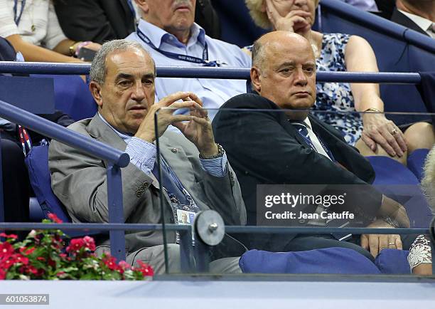 Jean Gachassin and Bernard Guidicelli, President and Vice-President of French Tennis Federation attend the women's semifinals during day 11 of the...