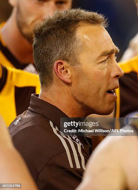 Alastair Clarkson, Senior Coach of the Hawks addresses his players during the 2016 AFL Second Qualifying Final match between the Geelong Cats and the...