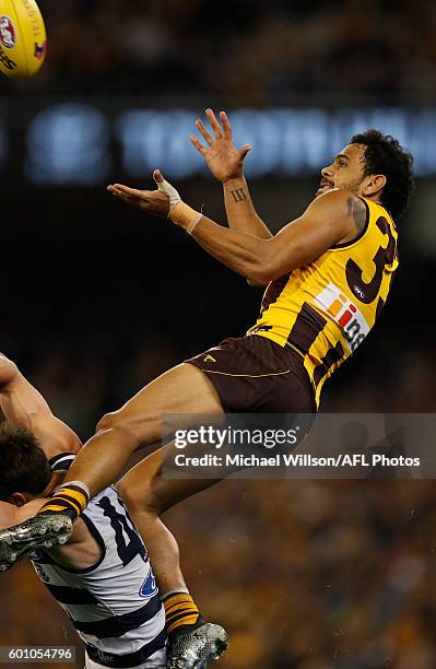 Cyril Rioli of the Hawks takes a spectacular mark over Corey Enright of the Cats during the 2016 AFL Second Qualifying Final match between the...