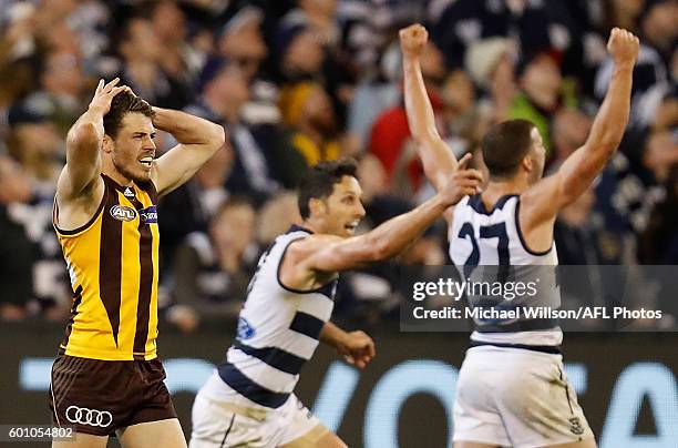 Isaac Smith of the Hawks reacts after missing a shot on goal after the siren to win the match during the 2016 AFL Second Qualifying Final match...