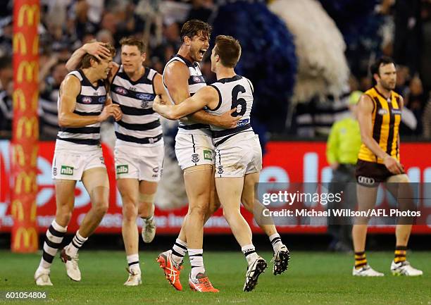 Tom Hawkins and Lincoln McCarthy of the Cats celebrate during the 2016 AFL Second Qualifying Final match between the Geelong Cats and the Hawthorn...