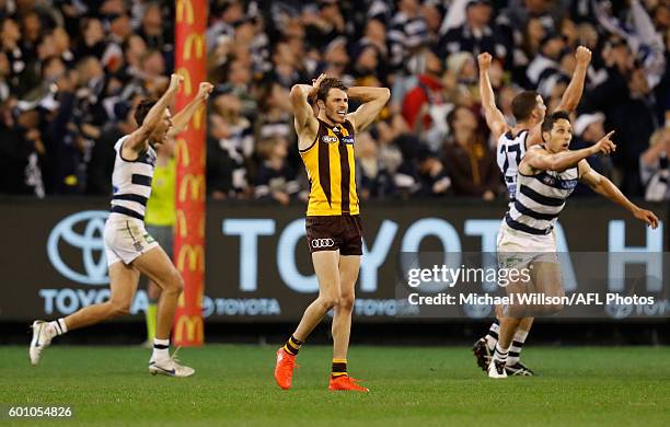 Isaac Smith of the Hawks reacts after missing a shot on goal after the siren to win the match during the 2016 AFL Second Qualifying Final match...