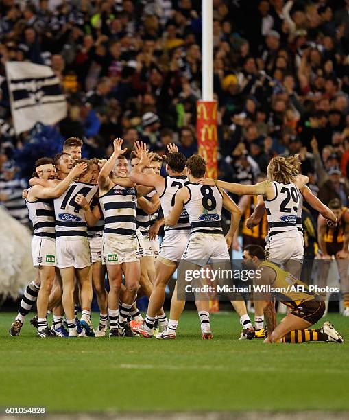 Players react after the final siren during the 2016 AFL Second Qualifying Final match between the Geelong Cats and the Hawthorn Hawks at the...