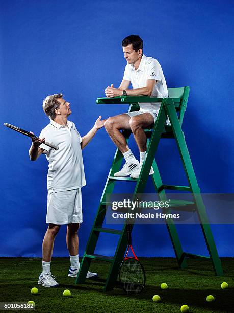 Tennis players and tv presenters Tim Henman and Andrew Castle are photographed for the Daily Mail on June 9, 2016 in London, England.