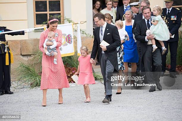 Crown Princess Victoria, Prince Oscar, Princess Estelle and Prince Daniel attend the christening of Prince Alexander of Sweden at Drottningholm...