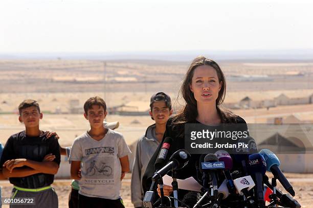 Actress and UNHCR special envoy and Goodwill Ambassador Angelina Jolie speaks during a press conference at Al- Azraq camp for Syrian refugees on...