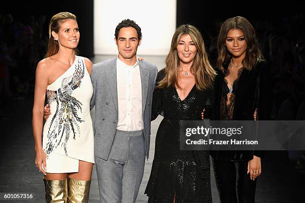 Heidi Klum, Zac Posen, Nina Garcia and Zendaya Coleman greet the audience at the Project Runway fashion show during New York Fashion Week: The Shows...