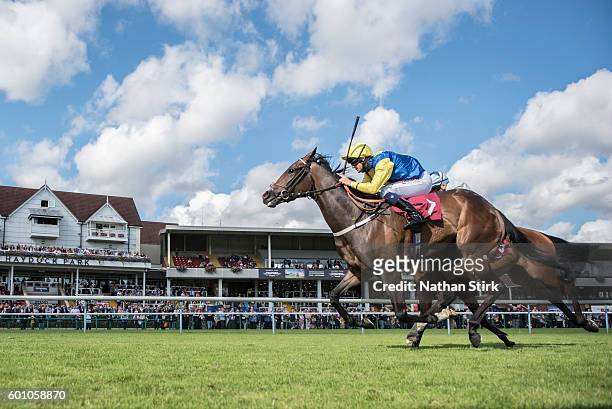 Liam Jones riding Simply Me during The ApolloBET Bet On Lotteries Fillies Handicap Stakes at Haydock Park Racecourse on August 4, 2016 in Haydock,...