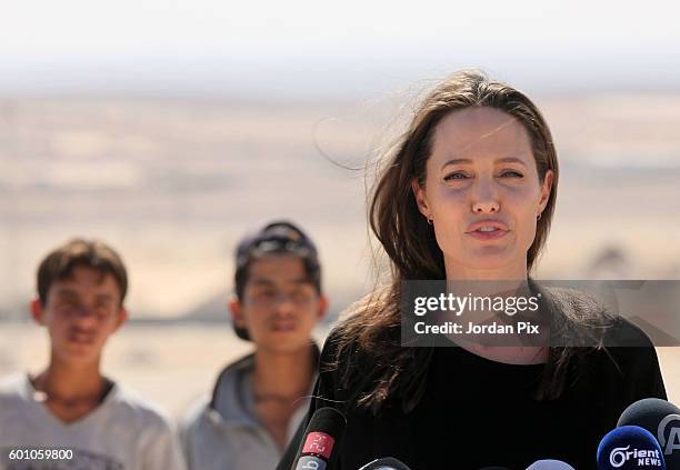 Actress and UNHCR special envoy and Goodwill Ambassador Angelina Jolie holds a press conference at Al- Azraq camp for Syrian refugees on September 9...