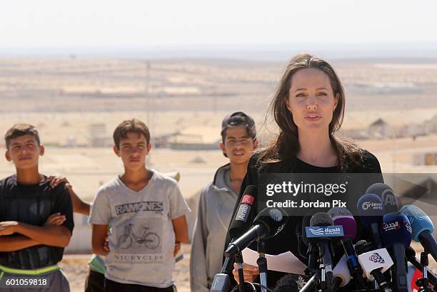 Actress and UNHCR special envoy and Goodwill Ambassador Angelina Jolie holds a press conference at Al- Azraq camp for Syrian refugees on September 9...