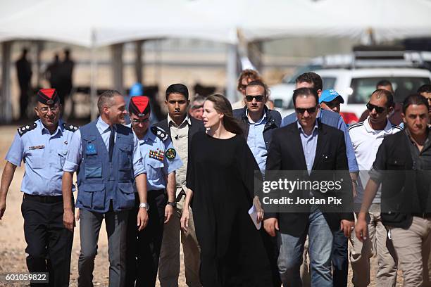 Actress and UNHCR special envoy and Goodwill Ambassador Angelina Jolie holds a press conference at Al- Azraq camp for Syrian refugees on September 9...