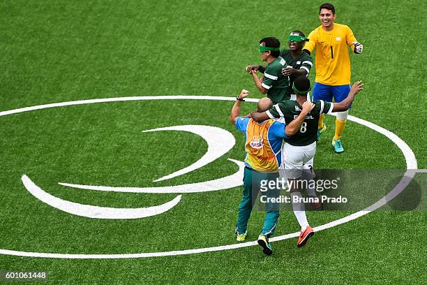Players of Brazil celebrate scoring during the Men's Football 5-a-side between Brazil and Marroco at the Olympic Tennis Centre on Day 2 of the...