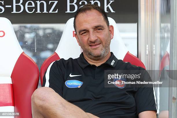 Frank Schmidt, head coach of Heidenheim looks on prior to the Second Bundesliga match between VfB Stuttgart and 1. FC Heidenheim 1846 at...
