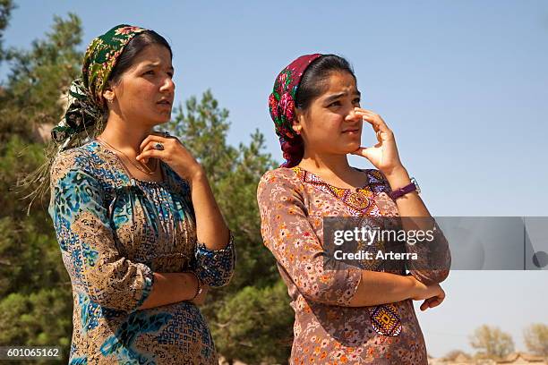 Two Islamic Turkmen women in traditional dress, Merv, Turkmenistan .