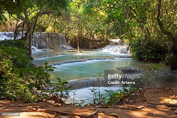 Travertine cascades and turquoise blue pools of the Kuang Si Falls / Kuang Xi / Tat Kuang Si Waterfalls near Luang Prabang, Louangphrabang Province,...