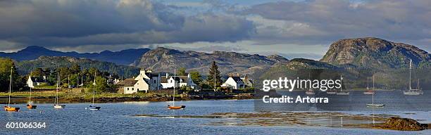 Sailing boats on Loch Carron moored at Plockton harbour, Ross and Cromarty, Highlands, Scotland, UK.
