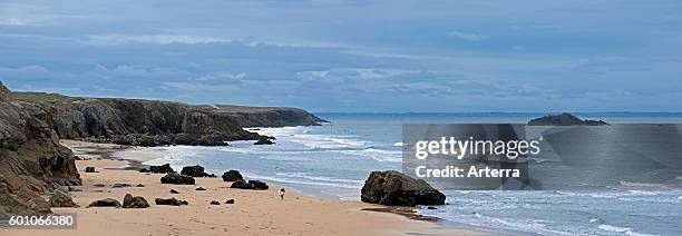 Surfers along the Cote Sauvage at Quiberon, Morbihan, Brittany, France.