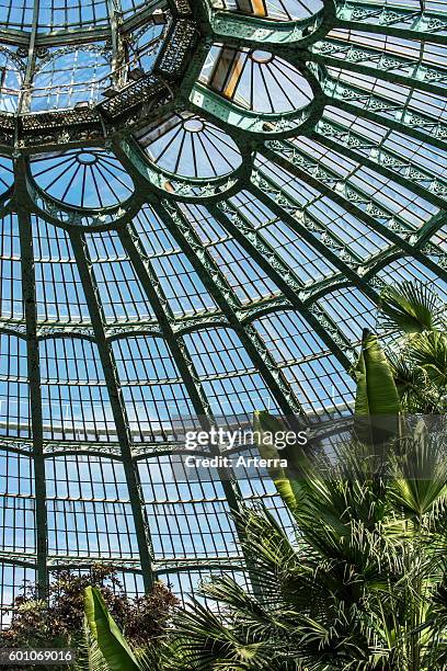 Detail of decorated wrought-iron trusses of the Jardin d'hiver / Winter Garden at the Royal Greenhouses of Laeken in Art Nouveau style, designed by...