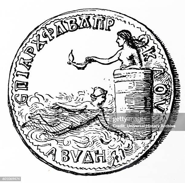 Engraving of an ancient Greek coin from Abydos, Egypt.