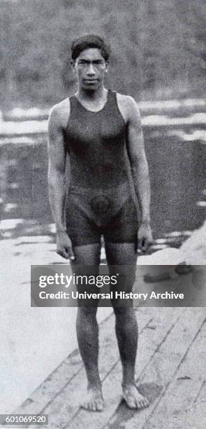 Photographic portrait of Duke Kahanamoku a surfer and Kanaka Maoli competition swimmer, during the 1912 Stockholm Olympic Games. Dated 20th Century.