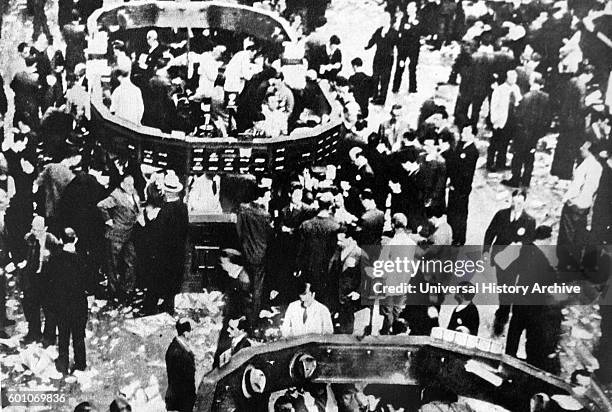 Photographic print of crowds of the floor of the Stock Exchange on Wall Street, New York, at the onset of Wall Street Crash 1929. Dated 20th Century.