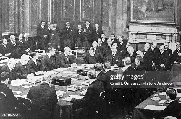 Austen Chamberlain and Stanley Baldwin sign the Locarno Treaty 1925. The Locarno Treaties were seven agreements negotiated at Locarno, Switzerland,...