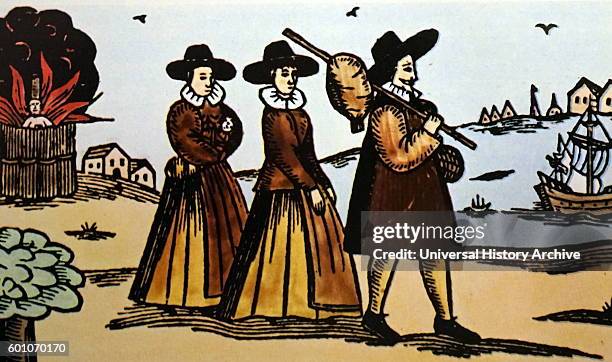 Hand-coloured engraving depicting Puritans about to emigrate from England, motivated by a desire for religious freedom. Dated 14th Century.