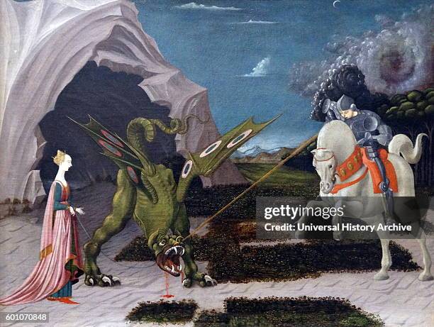 Painting titled 'Saint George and the Dragon' by Paolo Uccello an Italian painter and a mathematician. Dated 15th Century.