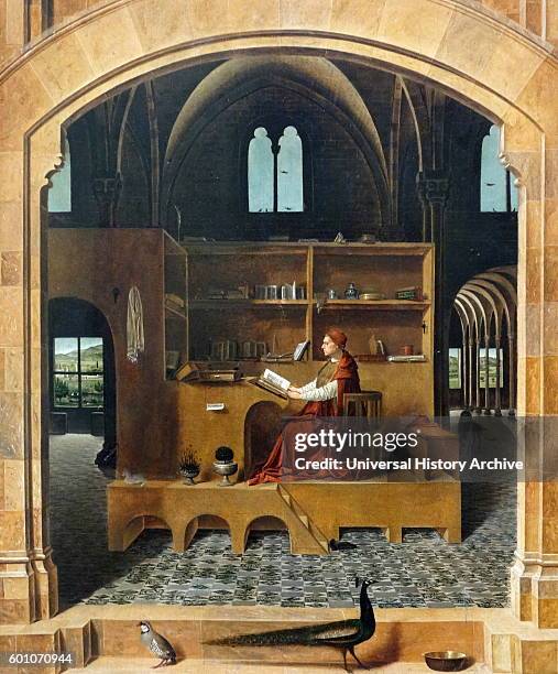 Painting titled 'Saint Jerome in his Study' by Antonello da Messina an Italian painter from Messina, Sicily. Dated 15th Century.