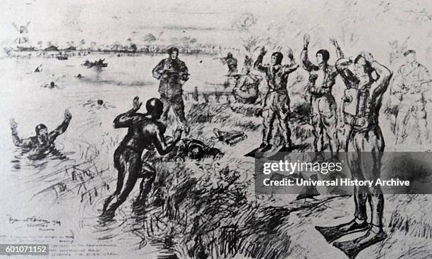 Sketch depicting the capture of German combat swimmers in Nijmegen, Gelderland during the Great War.