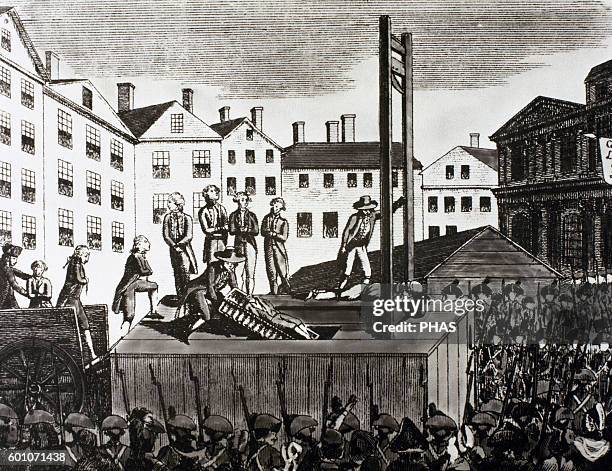 French Revolution . Execution of 9 young immigrants sentenced to death by a revolutionary court in 1792. Engraving of the time.