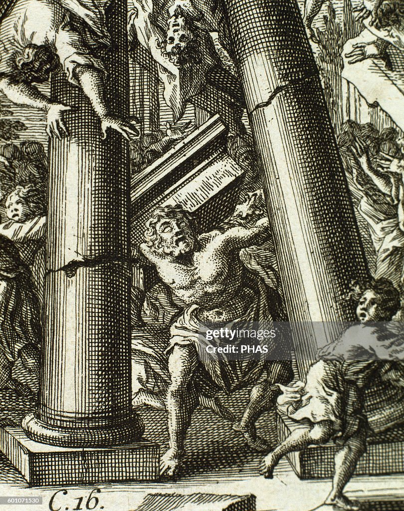 Samson destroying the temple of Dagon.