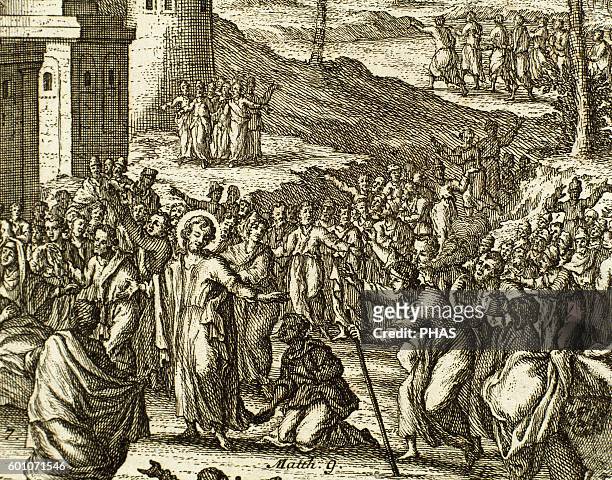 Jesus forgiving sins and healing a paralytic. Matthew, chapter 9. Engraving.