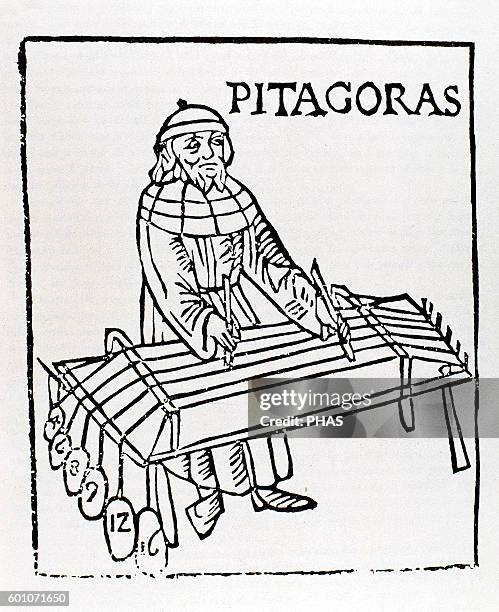 Pythagoras of Samos . Ionic Greek philosopher and mathematician. Engraving by Theo Gafurius, 1492. Milan, Italy.