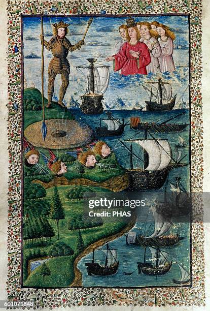 Virgil . Ancient Roman poet. The Aeneid. Miniature. 1st. Book. Folio 64r, 15th century. Juno asks to Aeolus destroying the fleet of Aeneas with a...