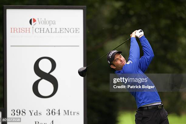 Ricardo Santos of Portugal plays his tee shot on the 8th hole on Day 1 of the Volopa Irish Challenge at Mount Wolseley Hotel Spa and Golf Resort on...