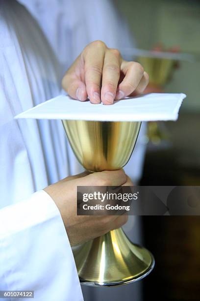 Ars-sur-Fromans. Sanctuary-Shrine of Jean-Marie Vianney . Altar server with a chalice. France.