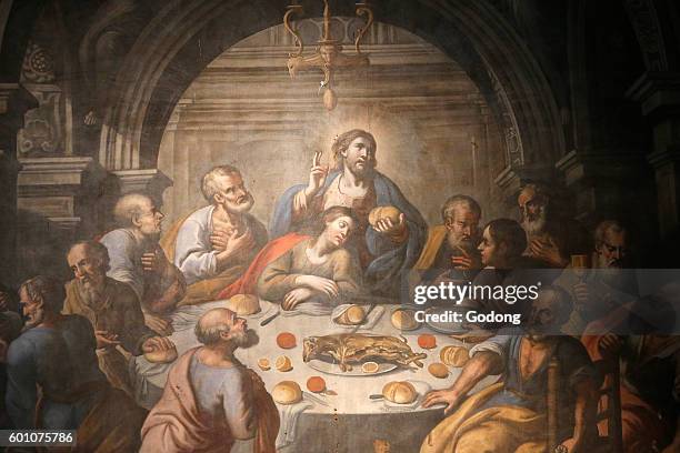 Fresco in the Holy Sacrament chapel of the Brindidi cathedral: the Last Supper, 1715 by Diego Oronzo Bianco. Brindisi, Italy.