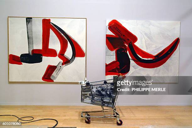 Shopping cart loaded with spotlights is parked in front of paintings by American artist Andy Warhol 26 January 2005 in the Lyon Contemporary Art...