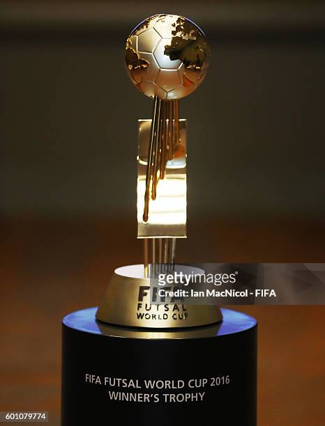 The FIFA Futsal World Cup Trophy is seen prior to The FIFA OC Meeting at the Marriot Hotel on September 9, 2016 in Cali, Colombia.